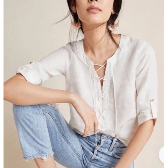 Anthropologie Maeve 100% Linen Marva White Lace Up Top Blouse Size 0 Oversized - Picture 1 of 8
